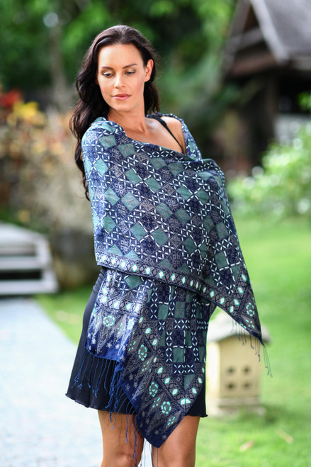 Fair Trade Batik Silk Patterned Blue Shawl 'Java Starlight'