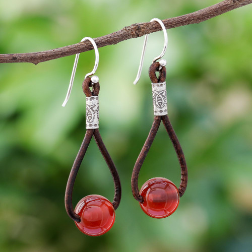 Carnelian and Karen Silver Dangle Earrings with Leather 'Spring Passion'