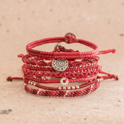 Glass Beaded Macrame Bracelets in Red Set of 7 'Boho Histories in Red'