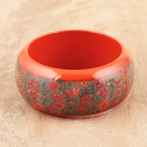 Bird Motif Haldu Wood Bangle Bracelet Crafted in India 'Bird Garden'