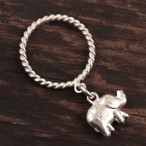 Sterling Silver Band Ring with Elephant Charm from India 'Elephant Rope'
