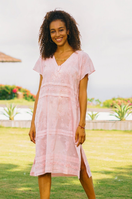 Embroidered Pink Cotton Shift Dress from India 'Paisley Garden in Pink'