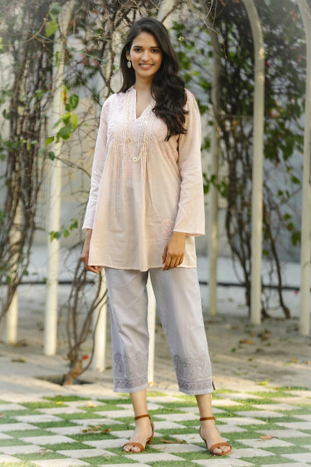 Grey Indian Cotton Cropped Pants with Embroidered Detail 'Paisley Greys'