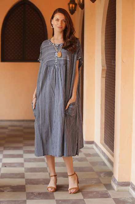 Dark and Light Blue Striped Cotton Caftan Dress 'Stripes and Flowers'