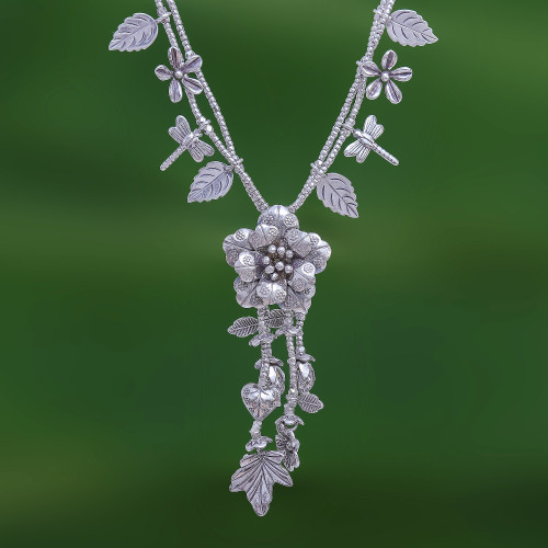 Nature-Themed 950 Silver Y-Necklace from Thailand 'Garden Beauty'