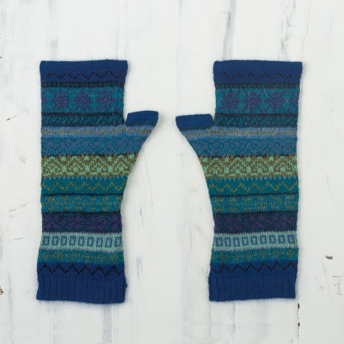 Shades of Blue and Green 100 Alpaca Knit Fingerless Mitts 'Sea Dreams'