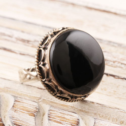 Black Onyx Sterling Silver Cocktail Ring from India 'Black Mirror'