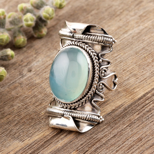 Aqua Chalcedony and Sterling Silver Cocktail Ring 'Rajasthan Realm'