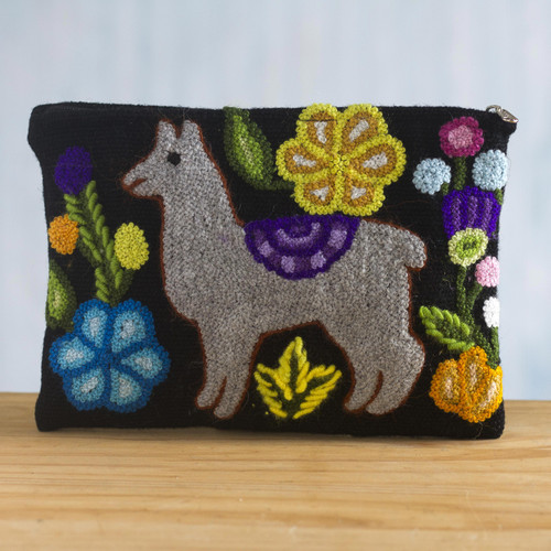 Llama Motif Black Wool Cosmetic Bag from Peru 'Llama Glam in Grey'