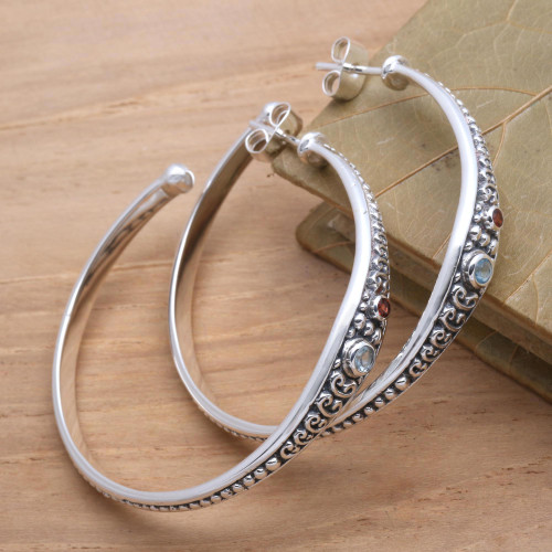 Blue Topaz and Garnet Sterling Silver Half Hoop Earrings 'Majestic Air'