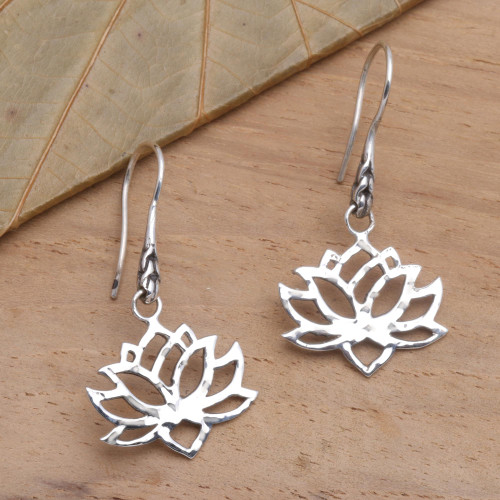 Handcrafted Sterling Silver Lotus Blossom Dangle Earrings 'Lotus Silhouette'