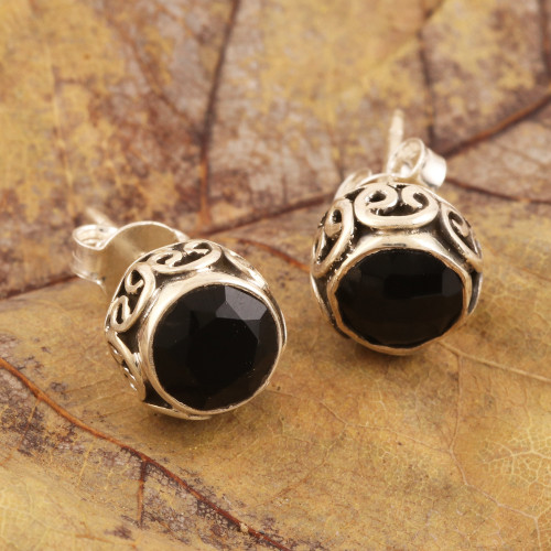 Small Black Onyx Stud Earrings from India 'Black As Night'