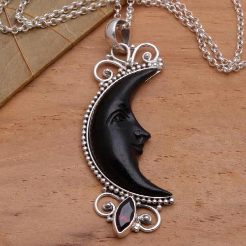 Silver and Garnet Moon Necklace with Water Buffalo Horn 'Dark Crescent Moon'