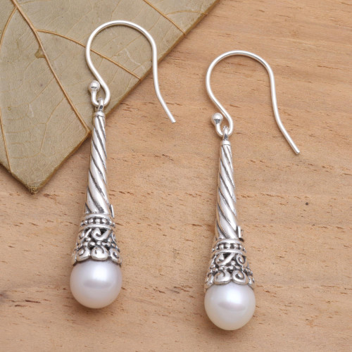 Balinese Handcrafted White Cultured Pearl Earrings 'White Beacon Glow'
