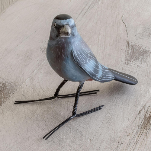 Guatemalan Handcrafted Posable Ceramic Catbird Figurine 'Grey Catbird'