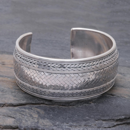 Woven Design Sterling Silver Cuff Bracelet 'Wave Effects'