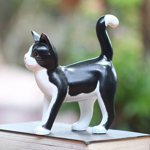 Balinese Signed Hand-Carved Tuxedo Cat Sculpture 'Curious Tuxedo Cat'
