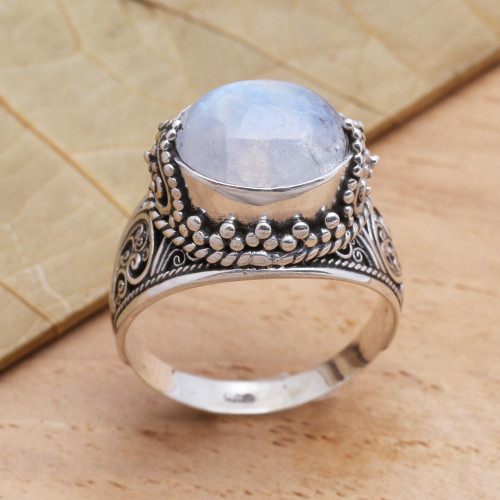 Elegant Rainbow Moonstone and Sterling Silver Ring 'Frosty Color'