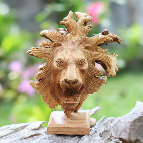 Benalu Wood Lion Sculpture on Stand 'Emerging Lion'