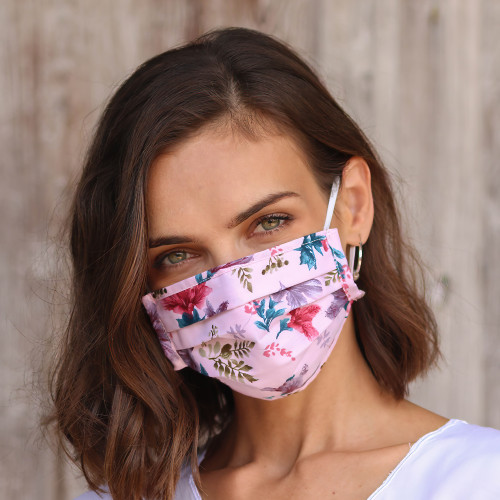 Four 2-Layer Cotton Wildflower Print Elastic Loop Face Masks 'Balinese Wildflowers'