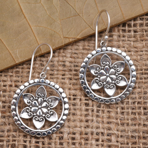 Floral Sterling Silver Dangle Earrings 'Flower Wheels'