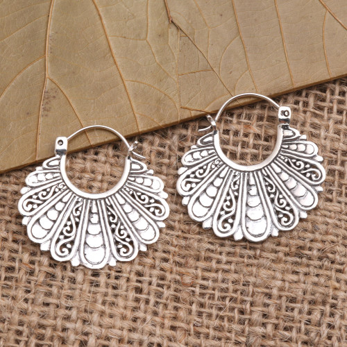 Fan-Shaped Sterling Silver Hoop Earrings 'Sukawati Fans'