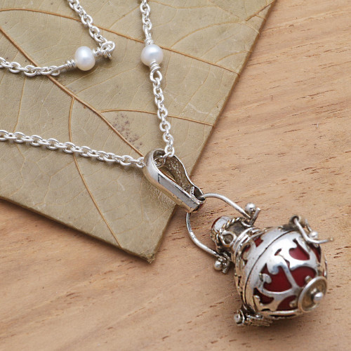 Silver and Cultured Pearl Harmony Ball Necklace with Garnet 'Love's Purity'