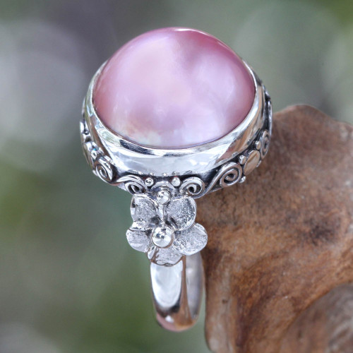 Floral Sterling Silver and Pearl Cocktail Ring 'Love Moon'