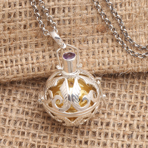 Silver and Amethyst Harmony Ball Necklace with Brass 'Angelic Guardian'