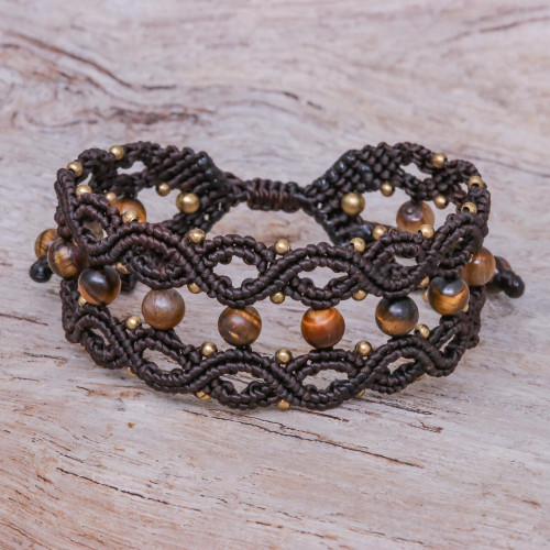 Tiger's Eye and Brass Beaded Macrame Bracelet 'Winsome Earth'