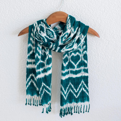 Handcrafted Rayon Ikat Scarf in Teal and White 'Silhouette in Teal'