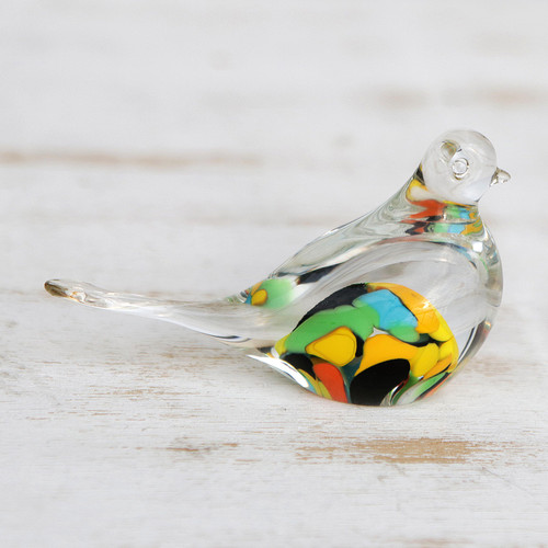Handblown Brazilian Colorful Bird Art Glass Paperweight 'Confetti Canary'