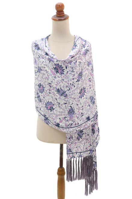 Fringed Silk Batik Shawl in Purple and White 'Teratai Purple'