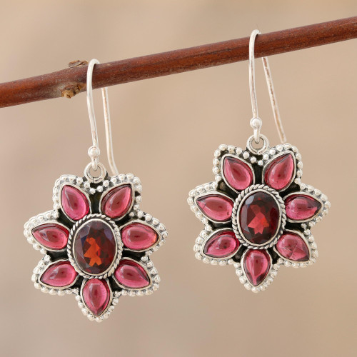 Garnet Flower-Shaped Dangle Earrings 'Camellia Blossoms'