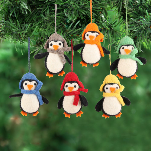 Handmade Felted Wool Penguin ornaments Set of 6 'Cozy Penguins'