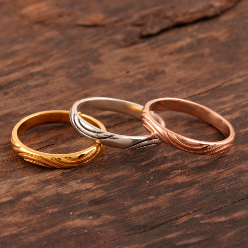 Gold and Silver Engraved Stacking Band Rings Set of 3 'Triple Union'