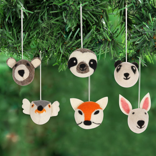 Hand Crafted Animal Face Wool Felt Ornaments Set of 6 'Happy Animals'