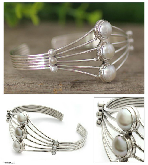 Sterling Silver and Pearl Cuff Bracelet 'Promise by Moonlight'