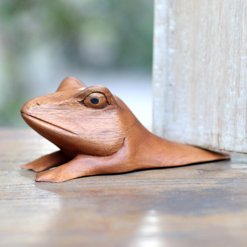 Hand Carved Wood Frog Door Stop 'Fanciful Frog'