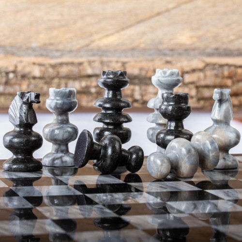 Hand Carved Grey Marble-Black Obsidian Chess Pieces Set 'Sophisticate'
