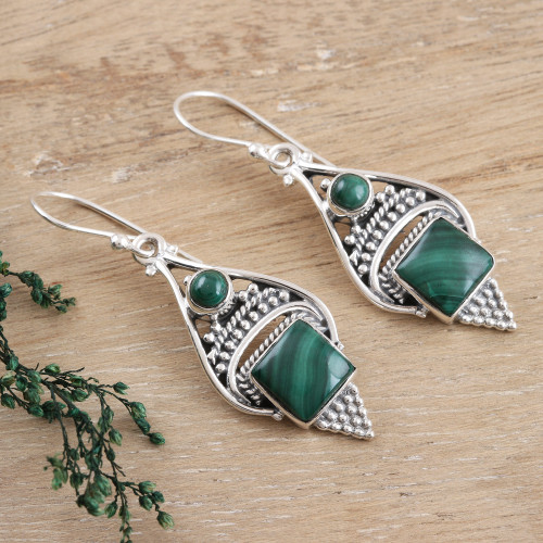 Malachite Cabochon and Sterling Silver Dangle Earrings 'Green Ocean'