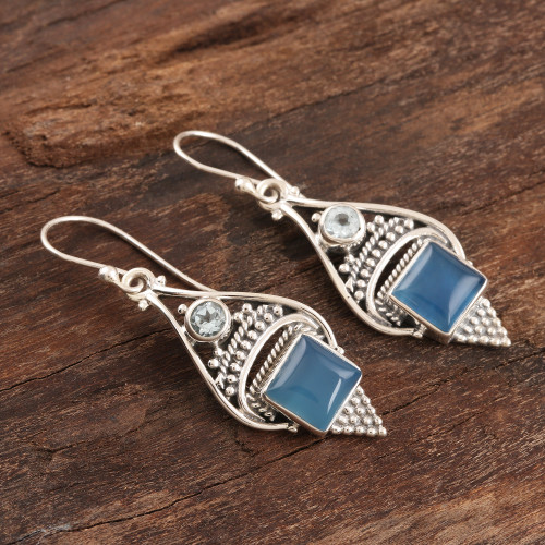 Chalcedony Cabochon and Sterling Silver Dangle Earrings 'Oceans of Blue'