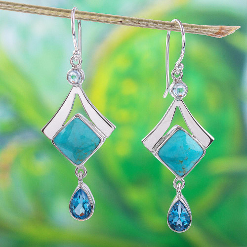 Turquoise and Blue Topaz 950 Silver Dangle Earrings 'Mixed Blues'