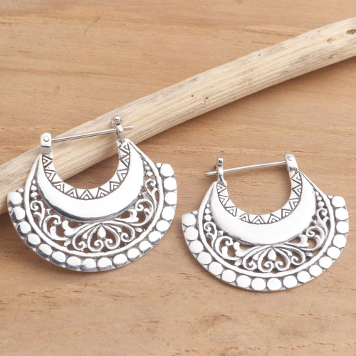 Balinese Sterling Silver Hoop Earrings 'Hollow Curves'