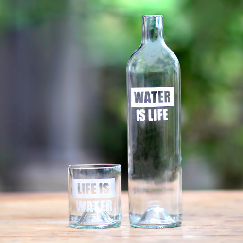 Upcycled Bottle Carafe and Glass Set Crafted in Bali 'Water is Life'