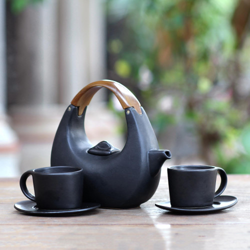 Balinese Matte Black Ceramic Tea Set with Teak Handle 'Resting Cloud in Black'