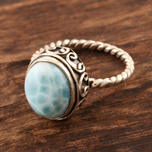 Oval Larimar Cabochon Sterling Silver Ring 'Endless Summer Sky'