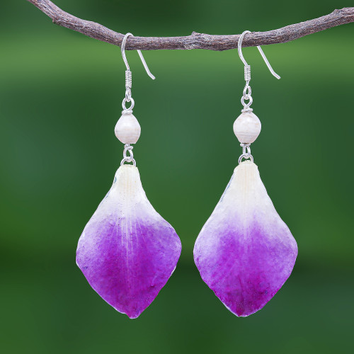 Purple and White Real Flower Petal Dangle Earrings 'Forever Orchid in Purple'