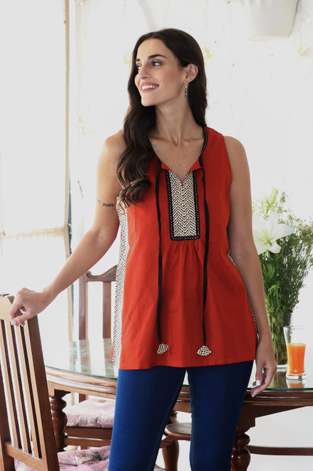 Paprika and Black Sleeveless Cotton Tank Top 'Wave Hill'