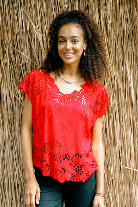 Red Floral Openwork and Embroidered Rayon Top 'Rose Mallow in Red'